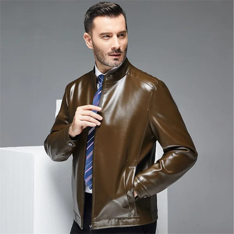 Leather jacket men's autumn and winter middle-aged leather coats stand dad jacket abrigo hombre мужская куртка на осень куртка