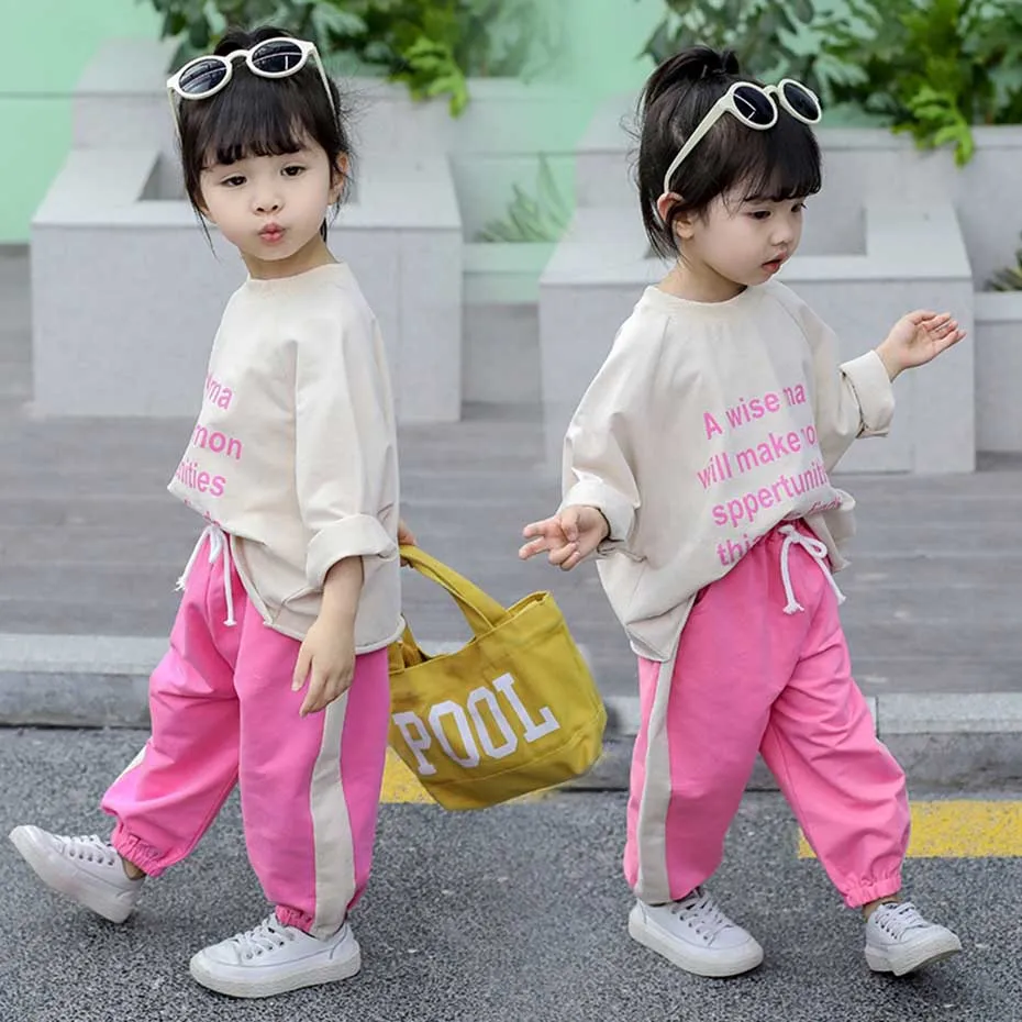 Новинка детская одежда футболка с буквенным принтом + штаны 2 шт. для девочек