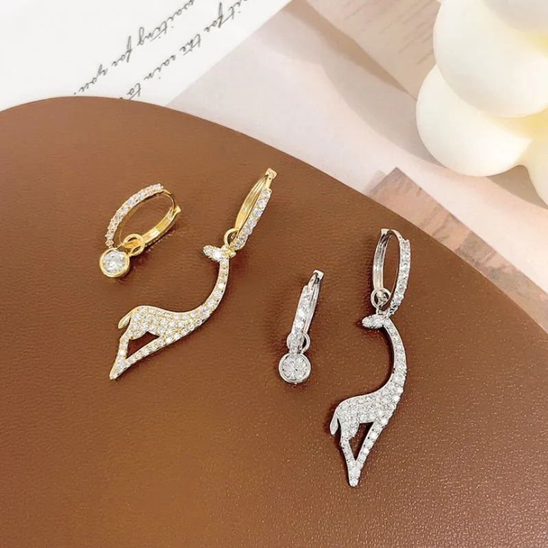 

Thick real gold colored earrings with zircon inlaid small deer asymmetric earrings with Giraffe thin face Earrings Christmas Ear