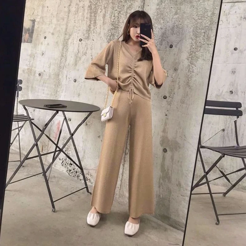 

Pleated Lace-up Half Sleeve Bright Silk T-shirt Tops Znd Wide Leg Pants Summer Loose Knitted Two-Piece Suit Fashion Sets Women