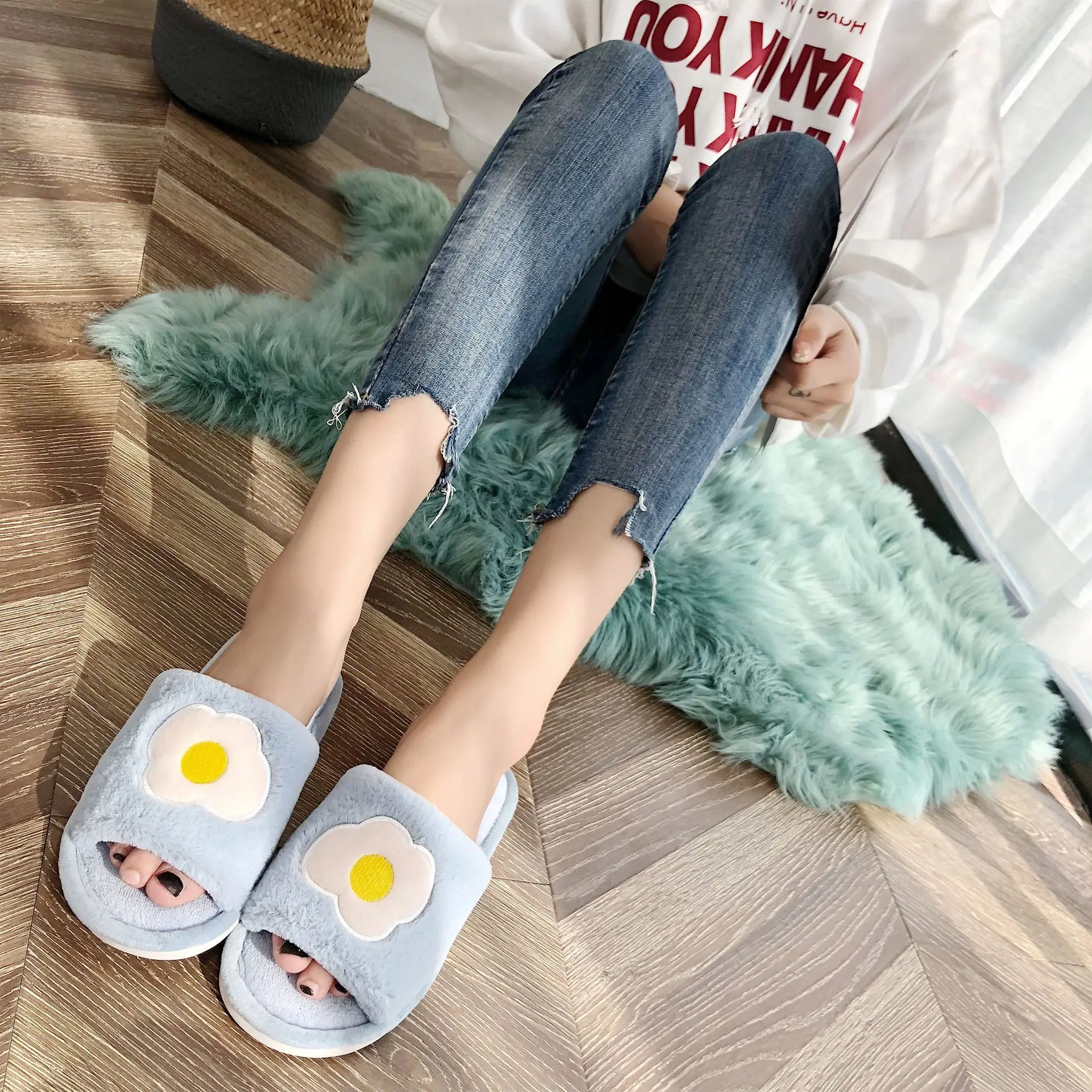 Liam Fruit Print Slipper Winter Warm Cute House Shoes Comfortable Open Toes Non Slip Fuzzy Slides zapatos de mujer - Цвет: Egg