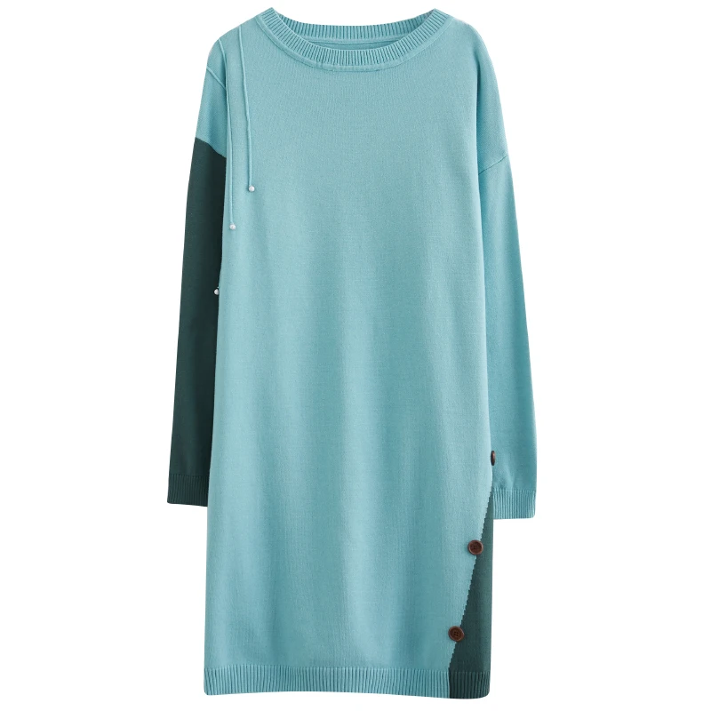 

2020 Autumn and Winter New Artistic Oversized Knit Dress Sweater Color Contrast Patchwork Loose Leisure Warm Midi Dress