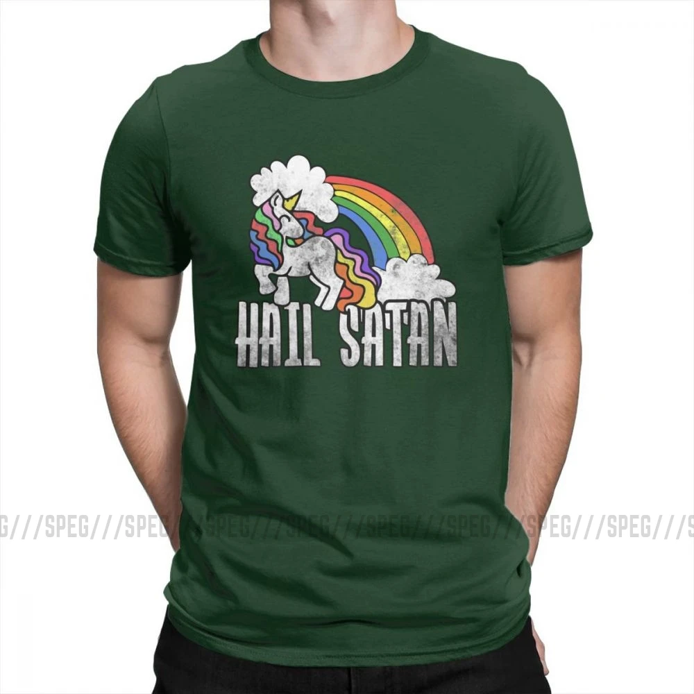 Футболка с надписью «Hail satan» в стиле ретро, радужная футболка с единорогом, футболка с коротким рукавом на заказ, Мужская футболка, топ, группа размера плюс, хлопок, Мужская футболка с круглым вырезом - Цвет: Forest Green