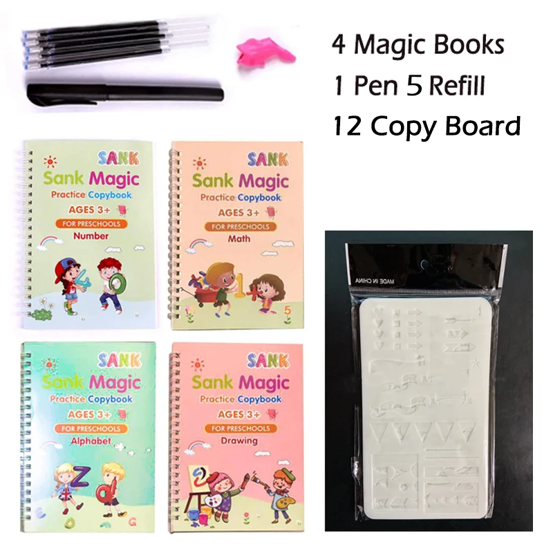 

4 Books + Pen for Children's Magic Books Reusable 3D Calligraphy Copybooks English Number Lettering Writing Practice Copybook