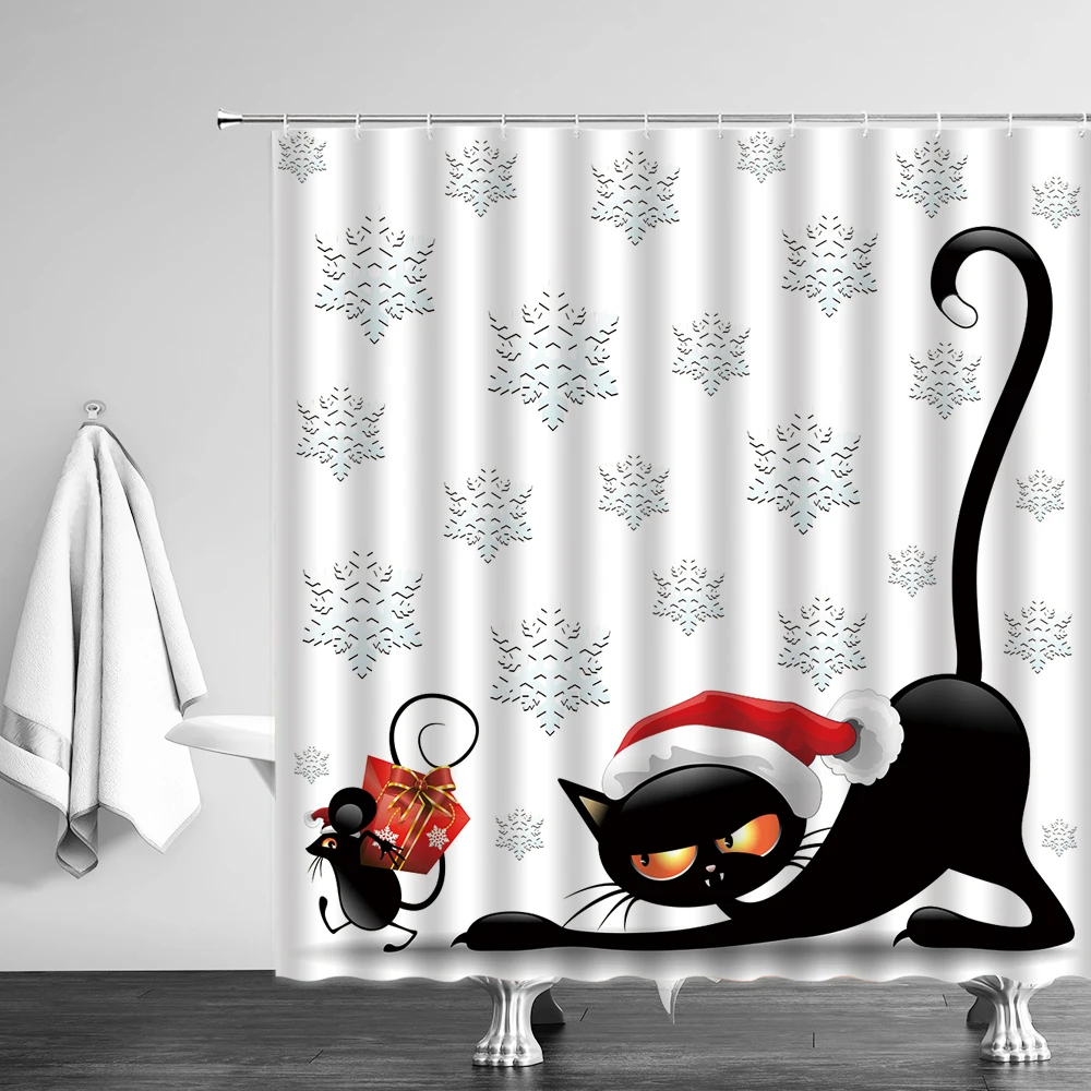 

Christmas Cute Cat Shower Curtain Mouse Snowflake Bathroom Cloth Curtains Set Waterproof Polyester Home Bathtub Decor With Hooks