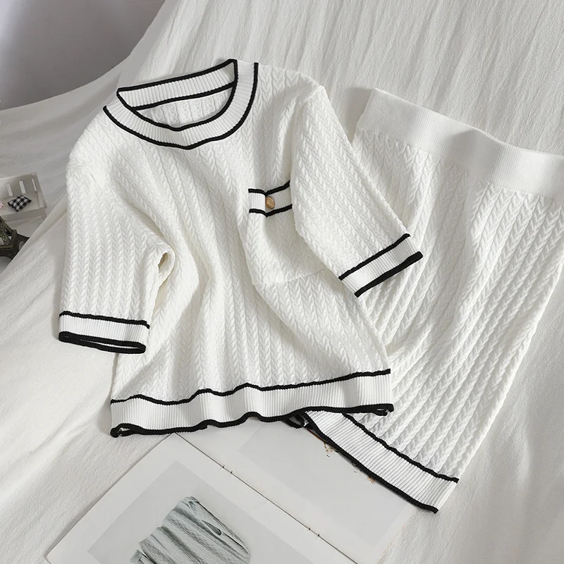 

Two Piece Sets Summer Solid Casual O Neck Slim Pocket Top With Korean Hip A-line Skirt Knitted Contrasting Color Two-piecesuit