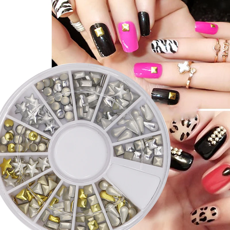 

Wholesale 10/20Box Fashion Gold and Silver Two-color Rivet Nail Art Shiny Nail Rhinestone 3D Mixed Shapes Nail Decoration Tool