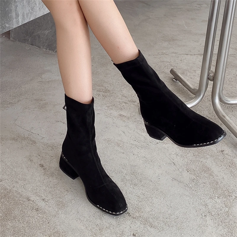 

COVIBESCO Concise Casual Women Ankle Boots New Metal Decoration Shoes Woman Autumn Winter Square Toe Thick Heels Zipper Boots
