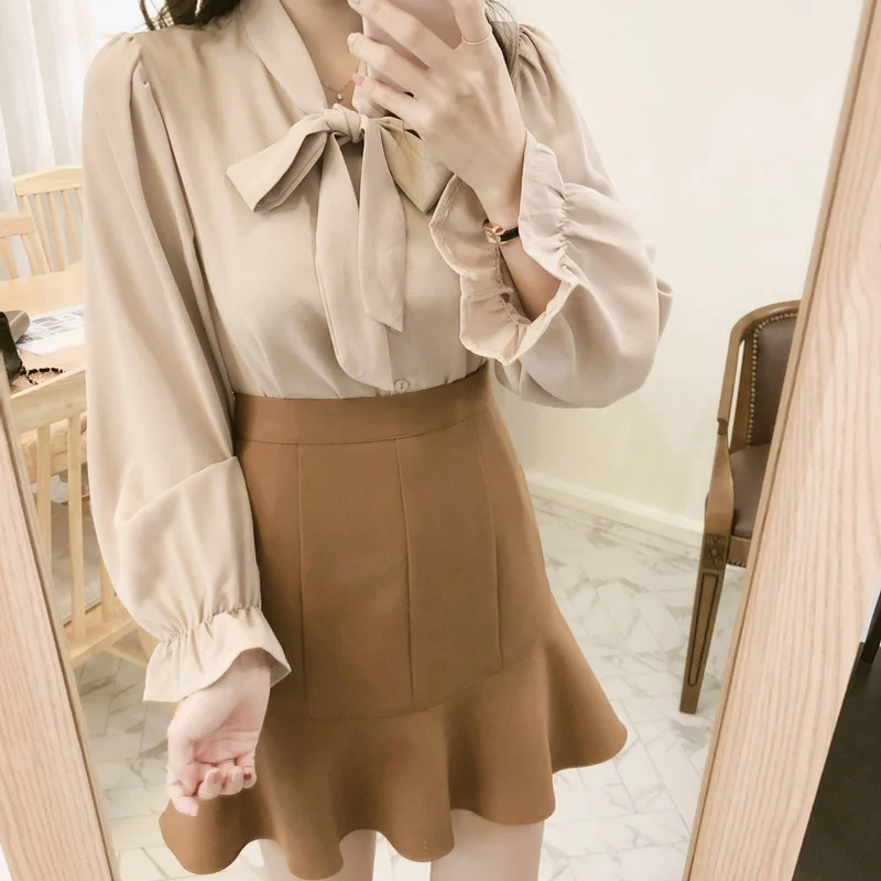 Женская шифоновая блузка с бантом белая элегантная офисная в Корейском стиле