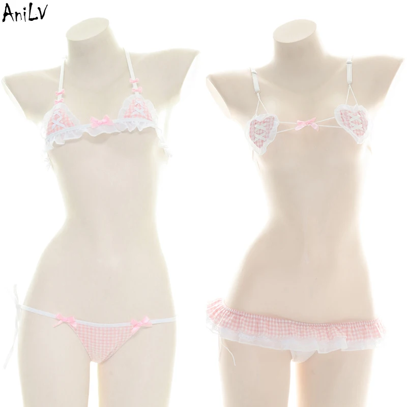 

AniLV Beach Girl Pink Plaid Maid Bikini Swimsuit Costume Anime Lolita Student Swimwear Uniform Pool Party Cosplay