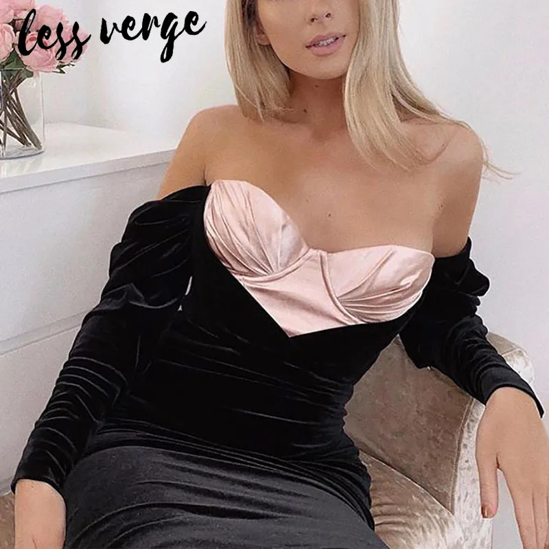 Lessverge/черное платье с открытыми плечами из сатина и бархата женские вечерние