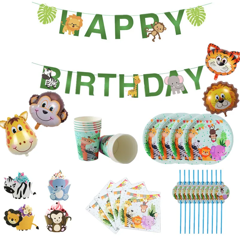 

Jungle Birthday Party Disposable Tableware Jungle Animal Disposable Plates Cups Napkins Safari Decor Baby Shower Supplies