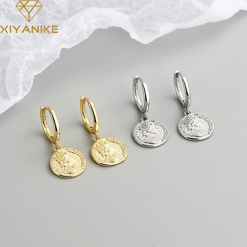 

GOLDRIA 925 Sterling Silver Korea Style Roman Head Pendant Hoop Earrings Fashion Vintage Prevent Allergy Women Jewelry Party