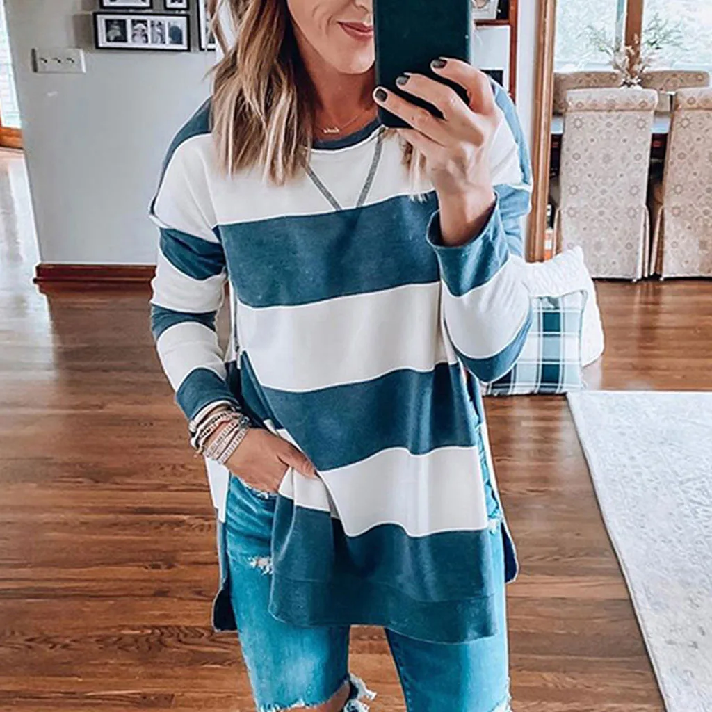 Женский свитшот полосатая рубашка с круглым вырезом Повседневная Блузка длинным