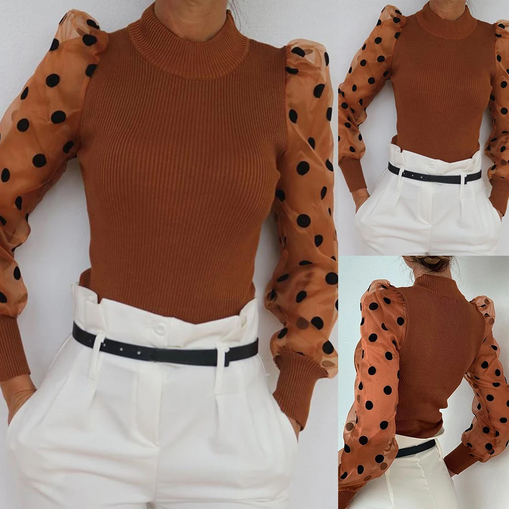 Женский осенний свитер в горошек с длинными сетчатыми рукавами-фонариками