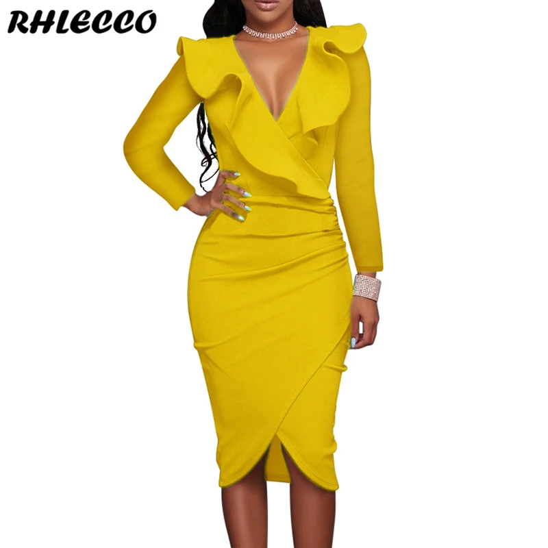 2019 летние желтые сексуальные вечерние облегающие платья с оборками женские