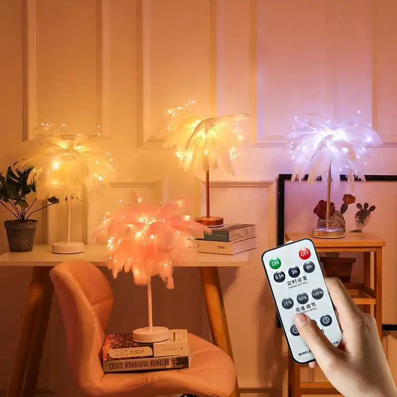 

Remote Control Feather Table Lamp USB/AA Battery Power DIY Creative Warm Light Tree Feather Lampshade Wedding Home Bedroom Decor
