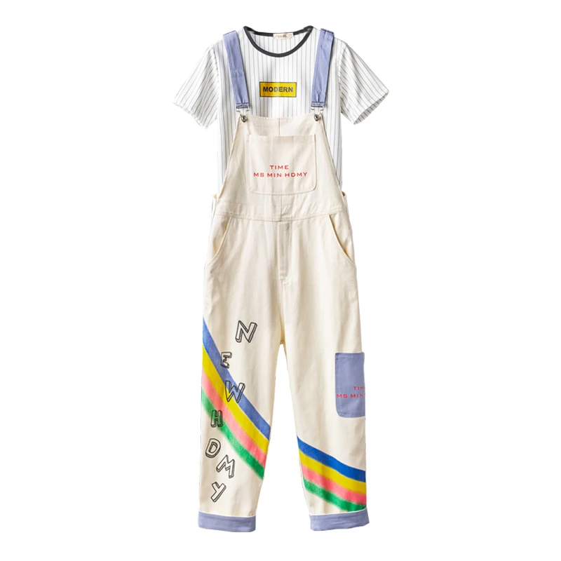 Korean version of the straight all-match jumpsuit men's print graffiti overalls men and women casual suspenders