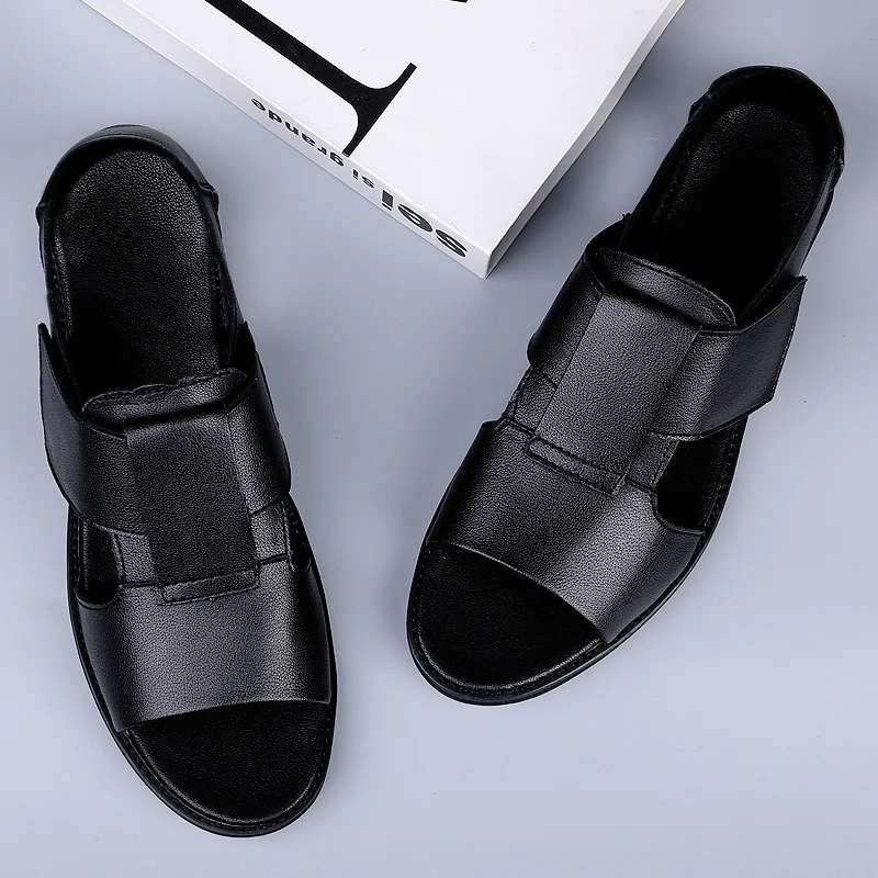 

Fashion Man Beach Outdoor Casual Shoes Anti-skidding Slippers Genuine Leather Breathable Slides Flat Summer Roman Sandals