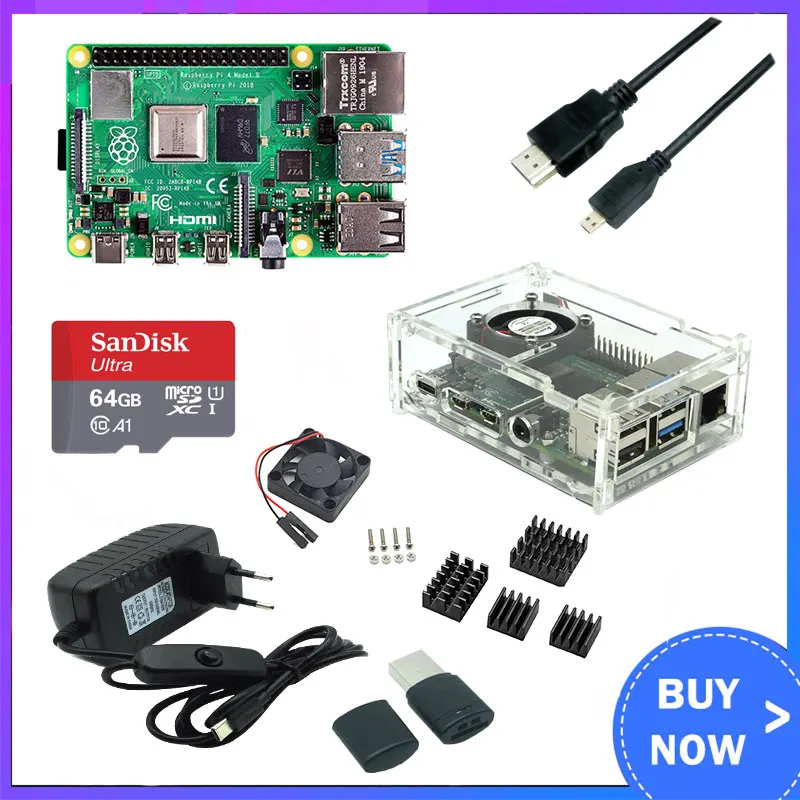 Raspberry Pi 4 Model B 2 ГБ/4 ГБ/8 ГБ ОЗУ + чехол вентилятор теплоотвод адаптер питания SD карта