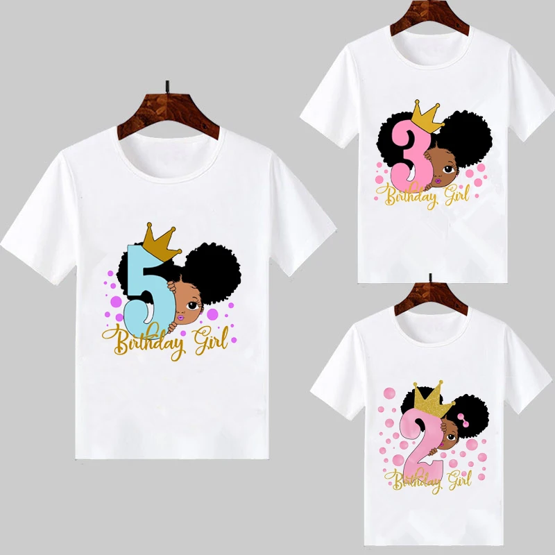 

2021 Cute Little Black Melanin Princess Print Girl T-shirt for Birthday Kids Funny T Shirts 1 To 8 Years Toddler White Girls Top