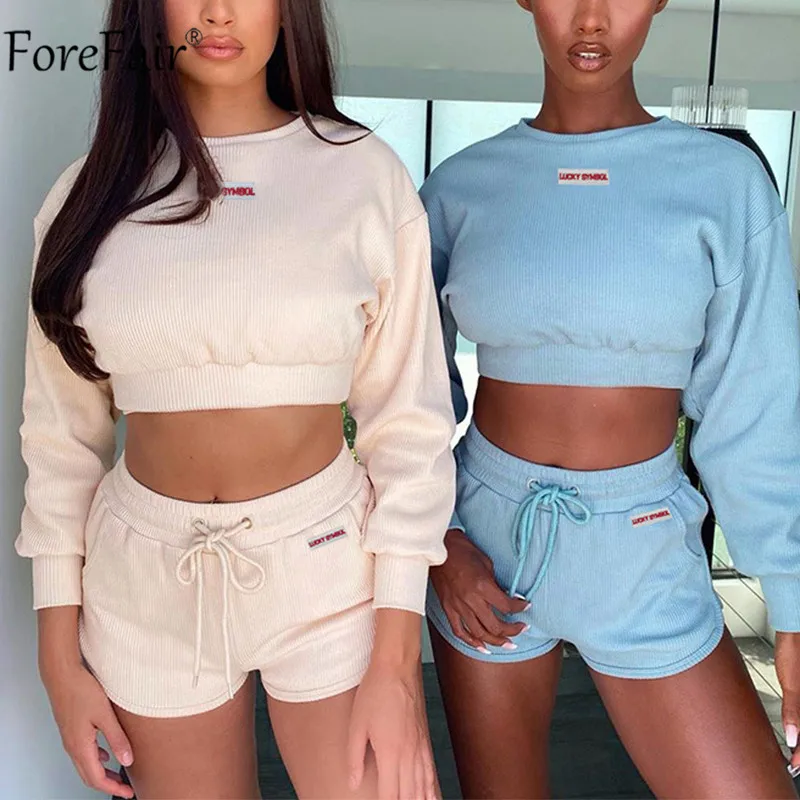 

Женский комплект Forefair, синий свитшот с длинным рукавом и круглым вырезом, повседневный комплект из двух предметов, шорты с вышивкой и буквам...