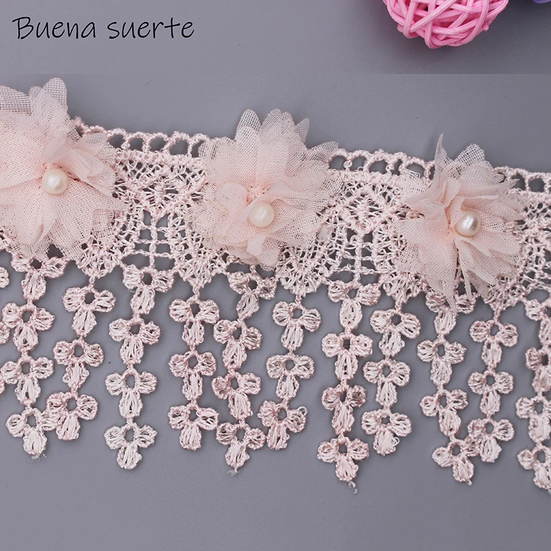 Розовые цветы жемчужные шифоновые кисточки с вышивкой кружевная отделка Лента