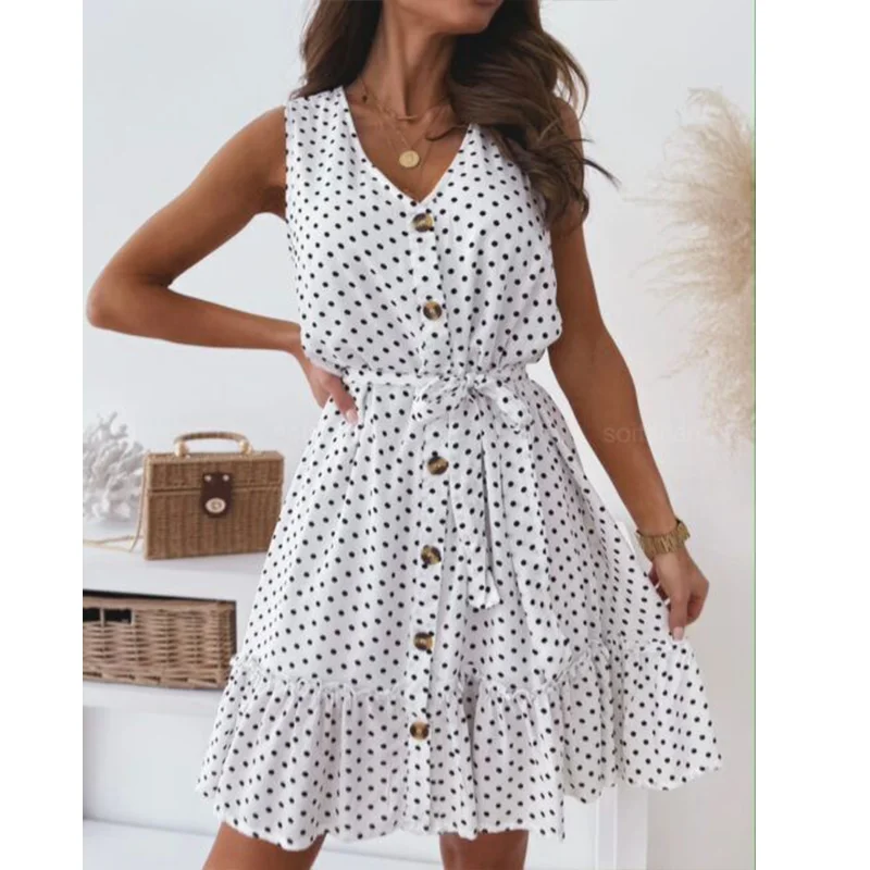 

Dress Women Summer 2021 Boho Ruffle Sleeveless Dot Button Loose Bandage Polka Dot Sundress Casual V-neck Dress Vestidos