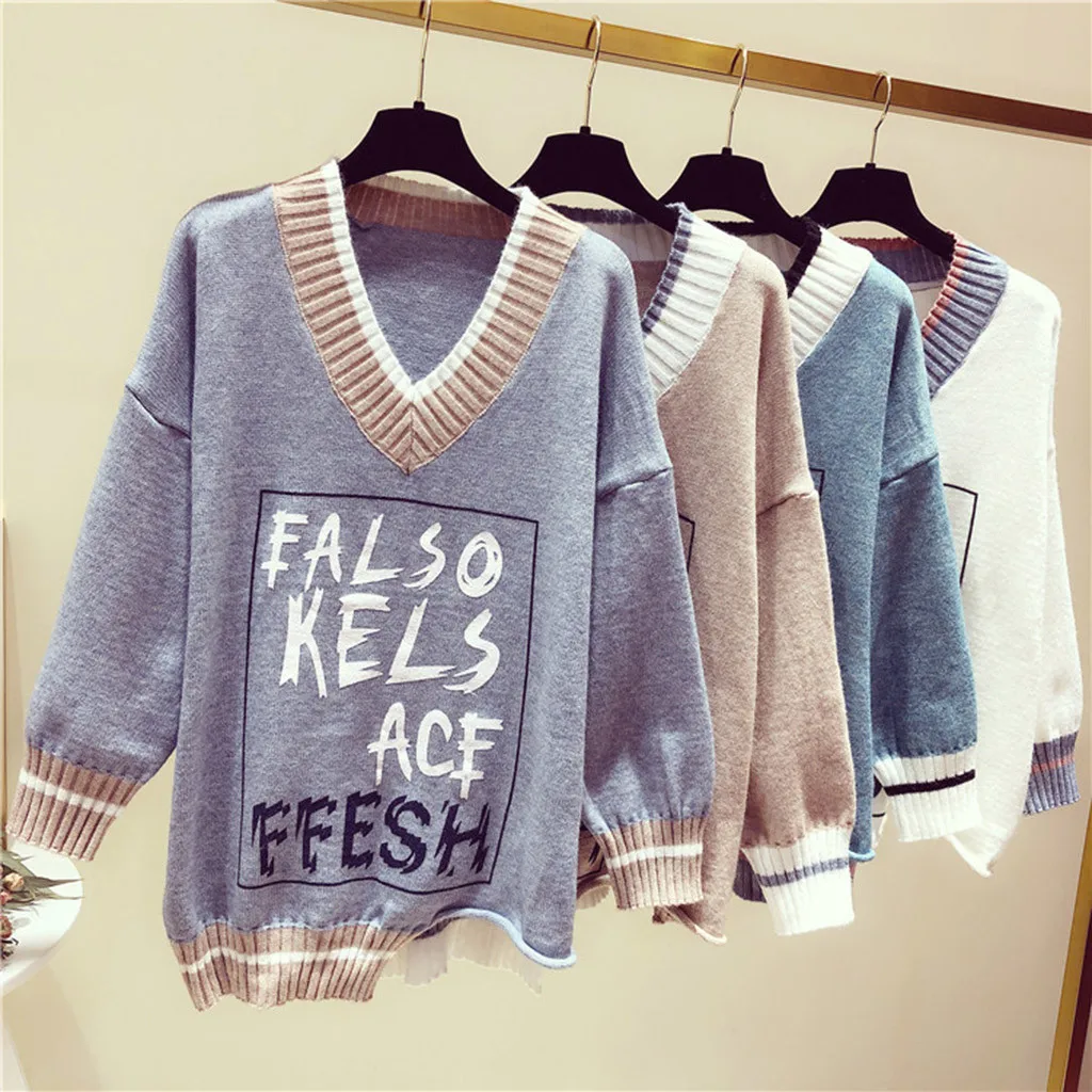 Повседневный вязаный свитер для женщин уличная одежда v-образный вырез длинный