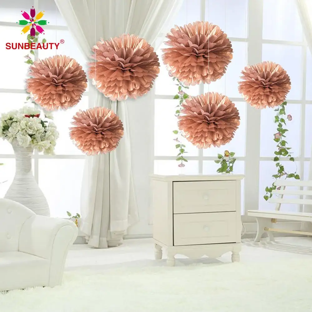 

6pcs 25cm Decorative Tissue Paper Rose Gold Pom Pom Flowers Wedding Decoration Home Birthday Baby Shower Event Party Supplies