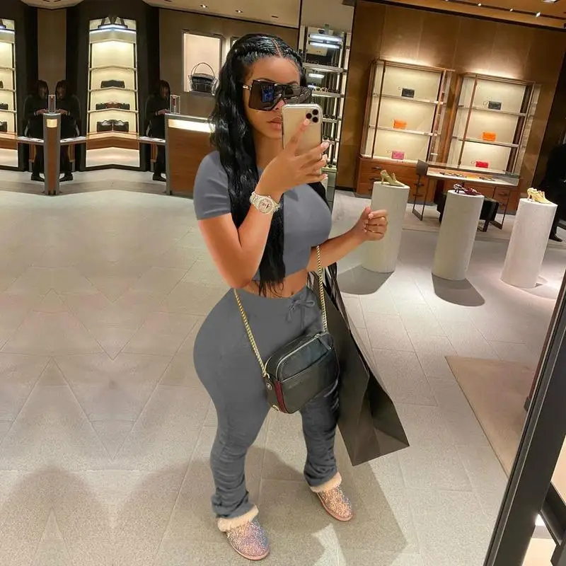 Tracksuits Women Two Piece Set Short Sleeve Shirt Crop Top + Flare Pants Casual Stacked Joggers Bell Bottom Matching Suits |