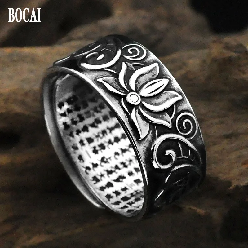 

BOCAI New 2021 trend S925 Silver Jewelry Retro Amitabha lotus Buddhist Heart Sutra Men and Women Ring