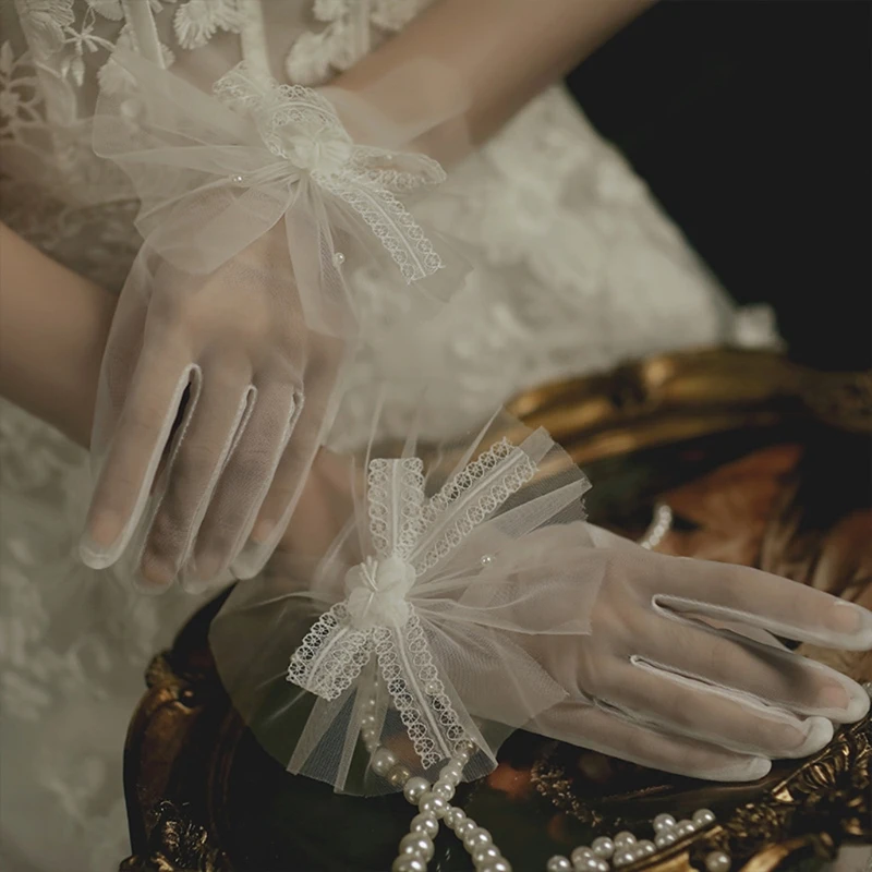 

Women Sweet Wedding Sheer Short Gloves Handmade Faux Pearl Bowknot Decor Bridal Prom Party Mittens