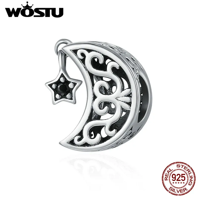 Браслет WOSTU CQC483 из стерлингового серебра 925 пробы с ажурной Луной и звездочкой |