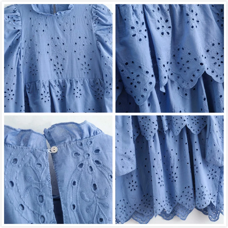 Женское мини-платье с рюшами синее вечернее платье-трапеция длинным рукавом и