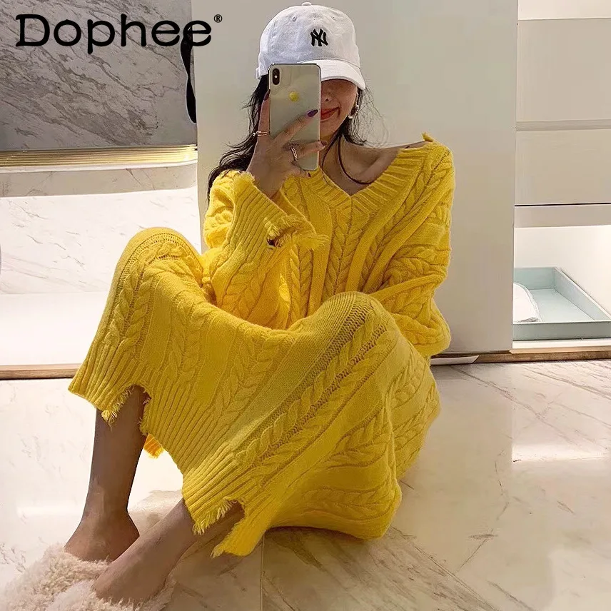 

Fashion Solid Color Loose Knitted Dress Ladies 2021 Autumn and Winter Pullover Sweater Dress Women Irregular Thick Woolen Dress