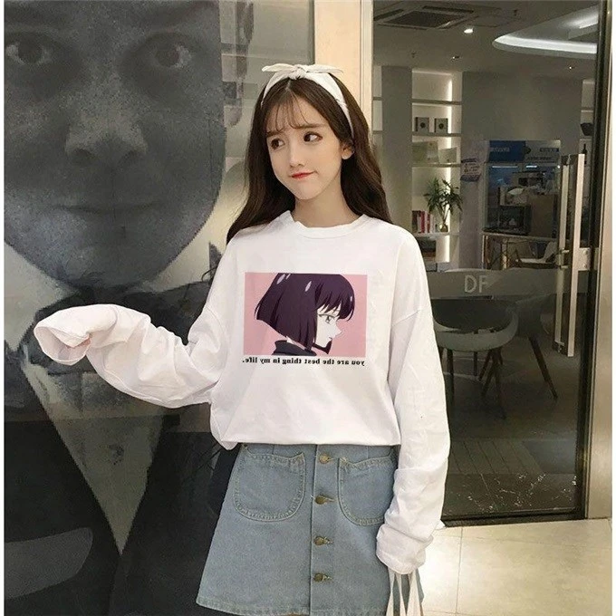 

2020 new spring and autumn white Long Sleeve T-shirt for female students Korean version loose bottoming shirt on clothe