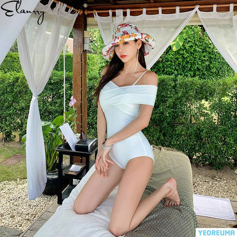 2020 Mujer Solid Off Shoulder Swimsuit Summer Sexy Wide Strap Swimwear Vintage Monokini Padded Bathing Suit One-Piece | Спорт и