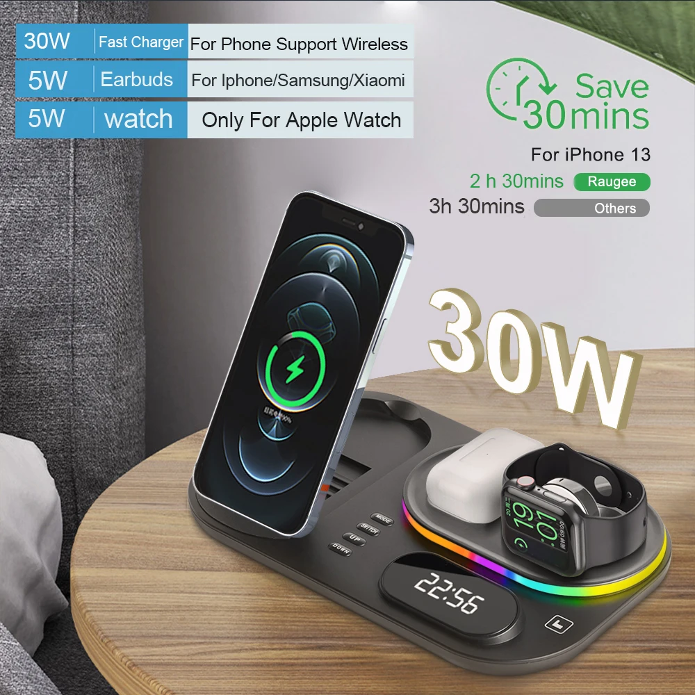 3 in 1 wireless charger stand for iphone13 pro 12 max mini 30w qi fast charging dock station for apple watch 7 6 airpods pro free global shipping