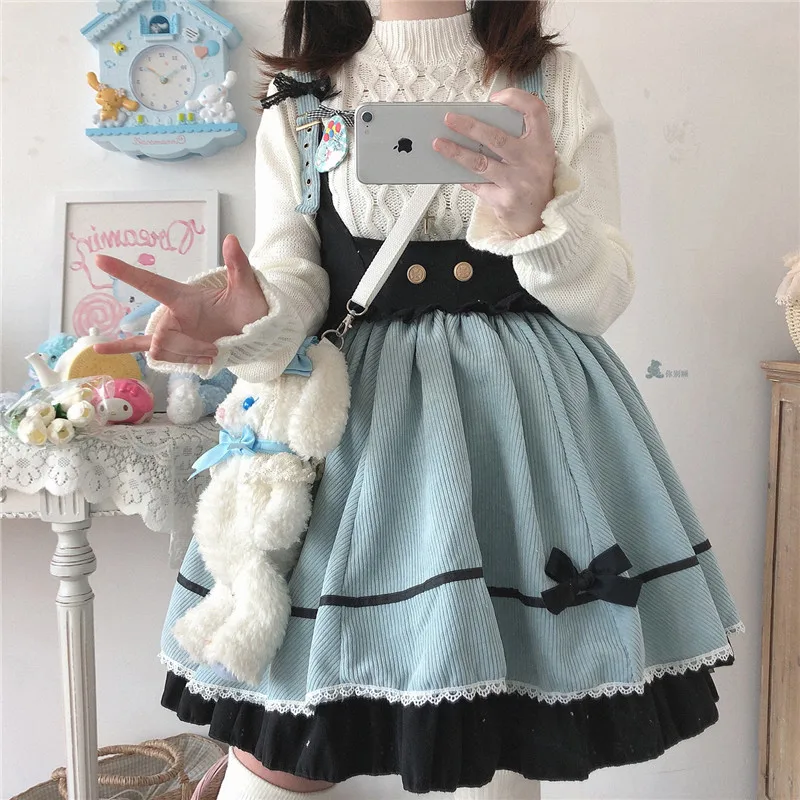 

Skirt Women Harajuku Lolita Kawaii Stitch Lace Bow Cosplay Fashion Gothic Female Suspender Skirts Vintage Corduroy High Waisted