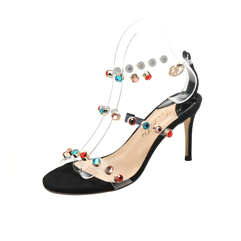 

Transparent one word Sandals New European American rivets in spring and summer 2021 Roman shoes crystal diamond high heels women