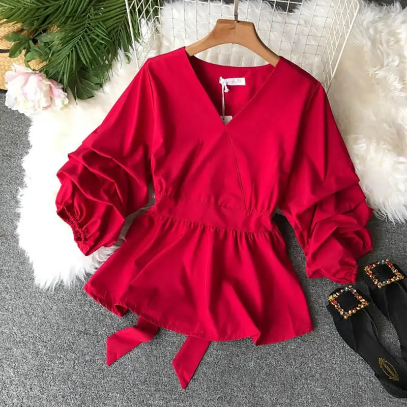 

Solid Slim Waist Puff Sleeve Women Blouse V-Neck Vintage Blusa Elegant Female Top New Fashion Chic Shirts SJ4350C