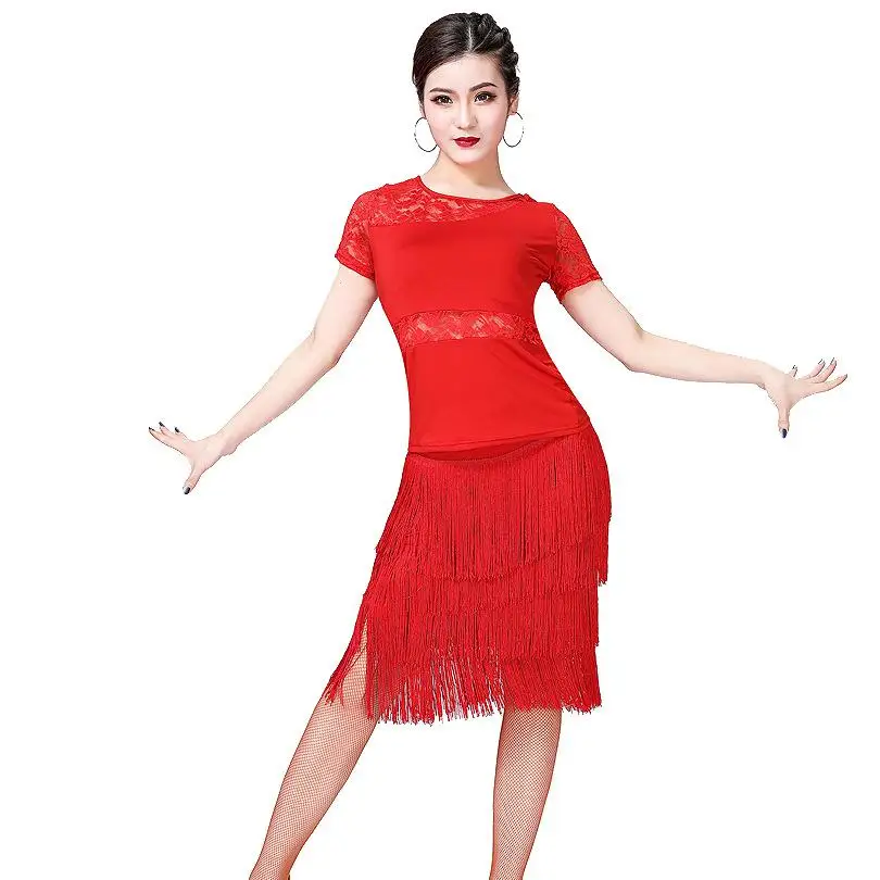 

New Fashion Sexy Tassel 2019 Plus Size Women Dance Wear Salsa Samba Dresses Short Sleeves Floral Lace Girls Latin Dance Dress