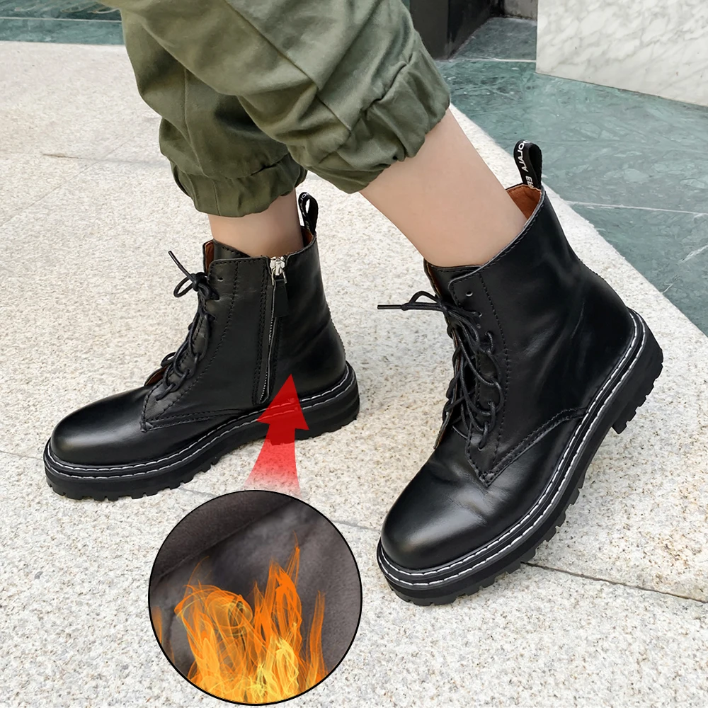 Большие размеры 34-43; новые женские Ботинки martin из натуральной кожи; повседневные ботинки на молнии; Зимние Теплые ботильоны на шнуровке; модные женские ботинки
