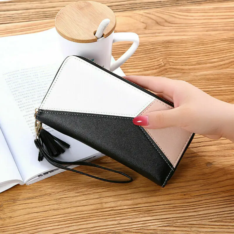 

2020 New Women Long Zipper Leather Wallet Large Patchwork Wristband Clutch Handbag Card Holder Phone Bag Purse