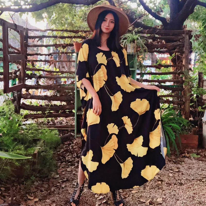 

Ginkgo Kaftan Dress 2021 New Autumn Boho Vibe Golden Foliage Print Resortwear Long Tunic Women Gown Loose Caftan Stunning Robe