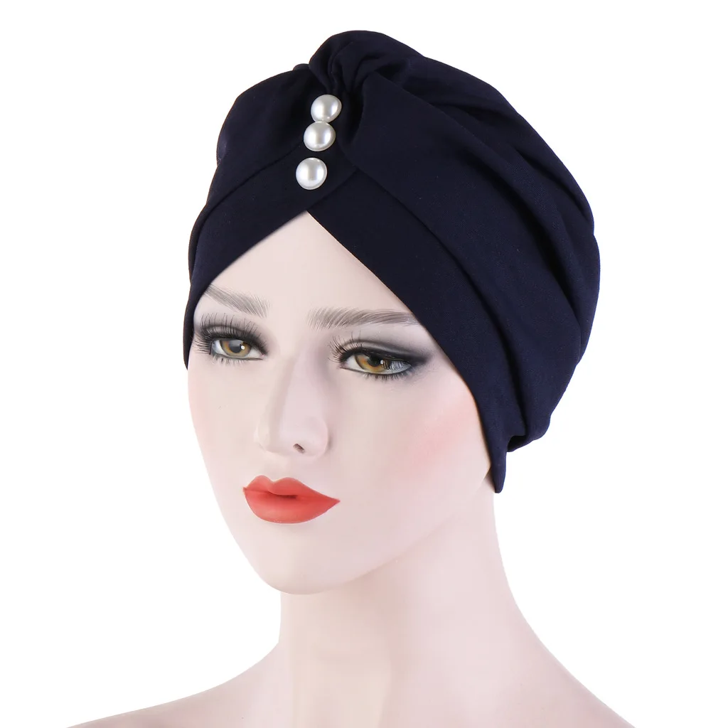 

Fashion Solid Color Inner Cap for Hijabs Forehead Cross Crinkled Muslim Turban Hijab Bonnet With Pearl Islamic Wrap Indian Hat