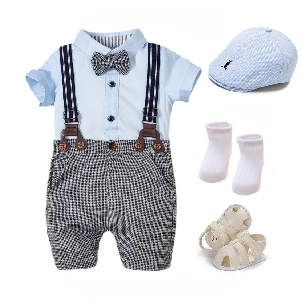 

Romper Clothes Set For Baby Boy With Bow Hat Gentleman Plaid Summer Suit With Bow Toddler Kid Bodysuit Set Infant Boy Clothing