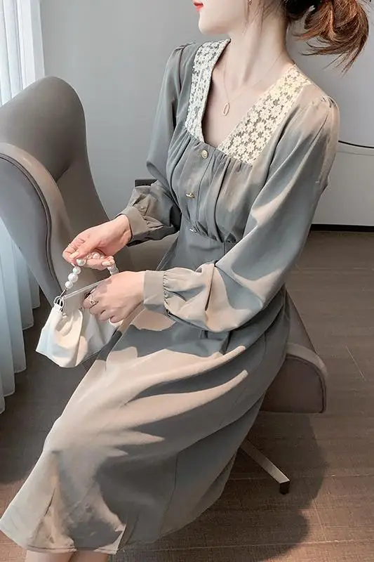 

COIGARSAM Patchwork Women one-piece dress korean New Full Sleeve Solid Dresses Black Gray Green 5630