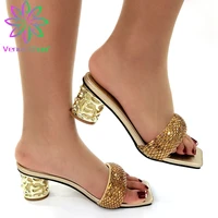 comfortable heels nigerian women shoes with shinning crystal in golden color new design african ladies shoes for garden part